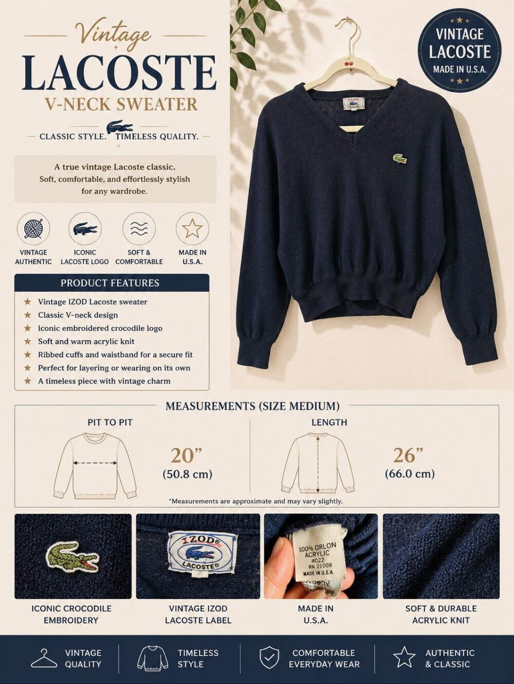 Vintage IZOD Lacoste Navy V-Neck Sweater 100% Acrylic Made in USA